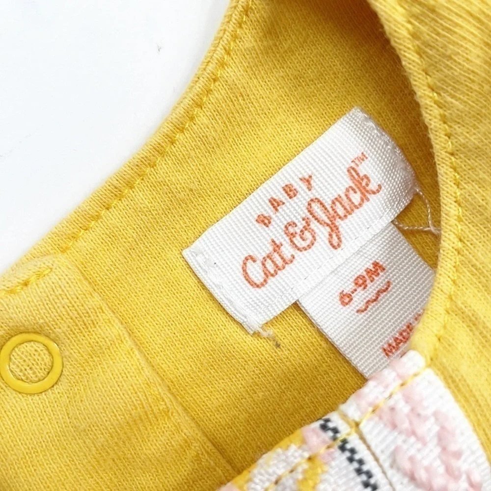 Cat & Jack mustard yellow/pink embroidered print baby girl romper